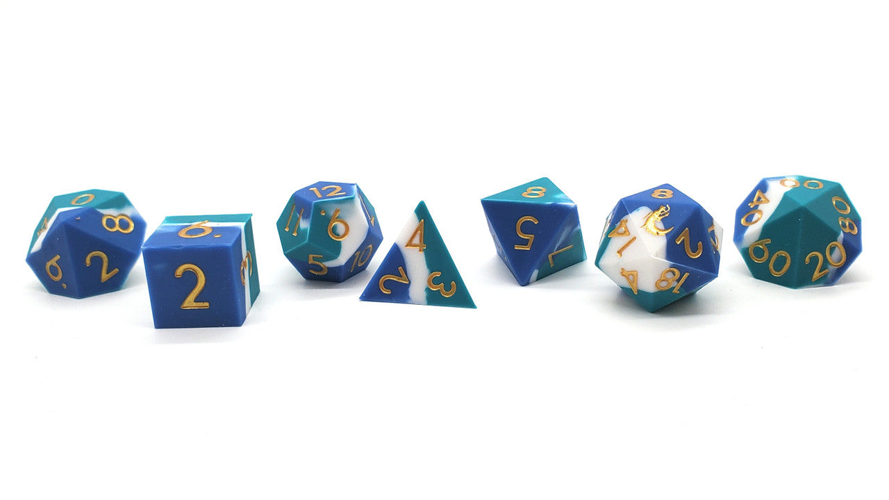 Old School Dice: Silicone 7-Piece Sets - Blue, White & Teal