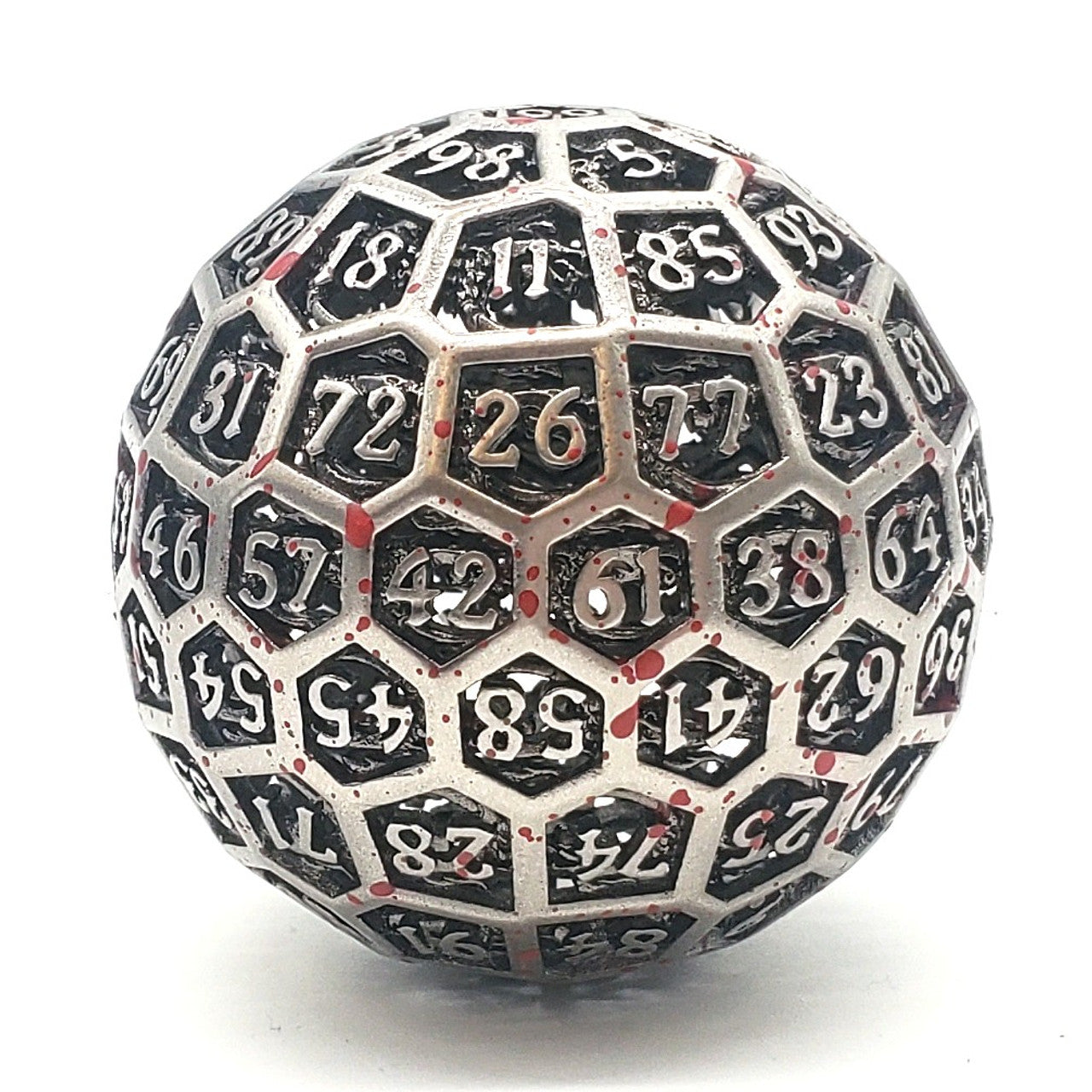 Old School Dice: Hollow Metal 50mm D100 - Dragon's Head - Ancient Silver w/ Blood