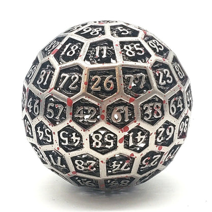 Old School Dice: Hollow Metal 50mm D100 - Dragon's Head - Ancient Silver w/ Blood