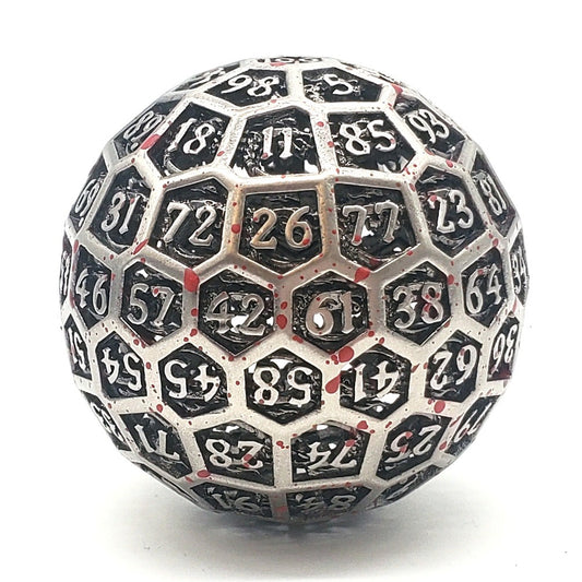 Old School Dice: Hollow Metal 50mm D100 - Dragon's Head - Ancient Silver w/ Blood