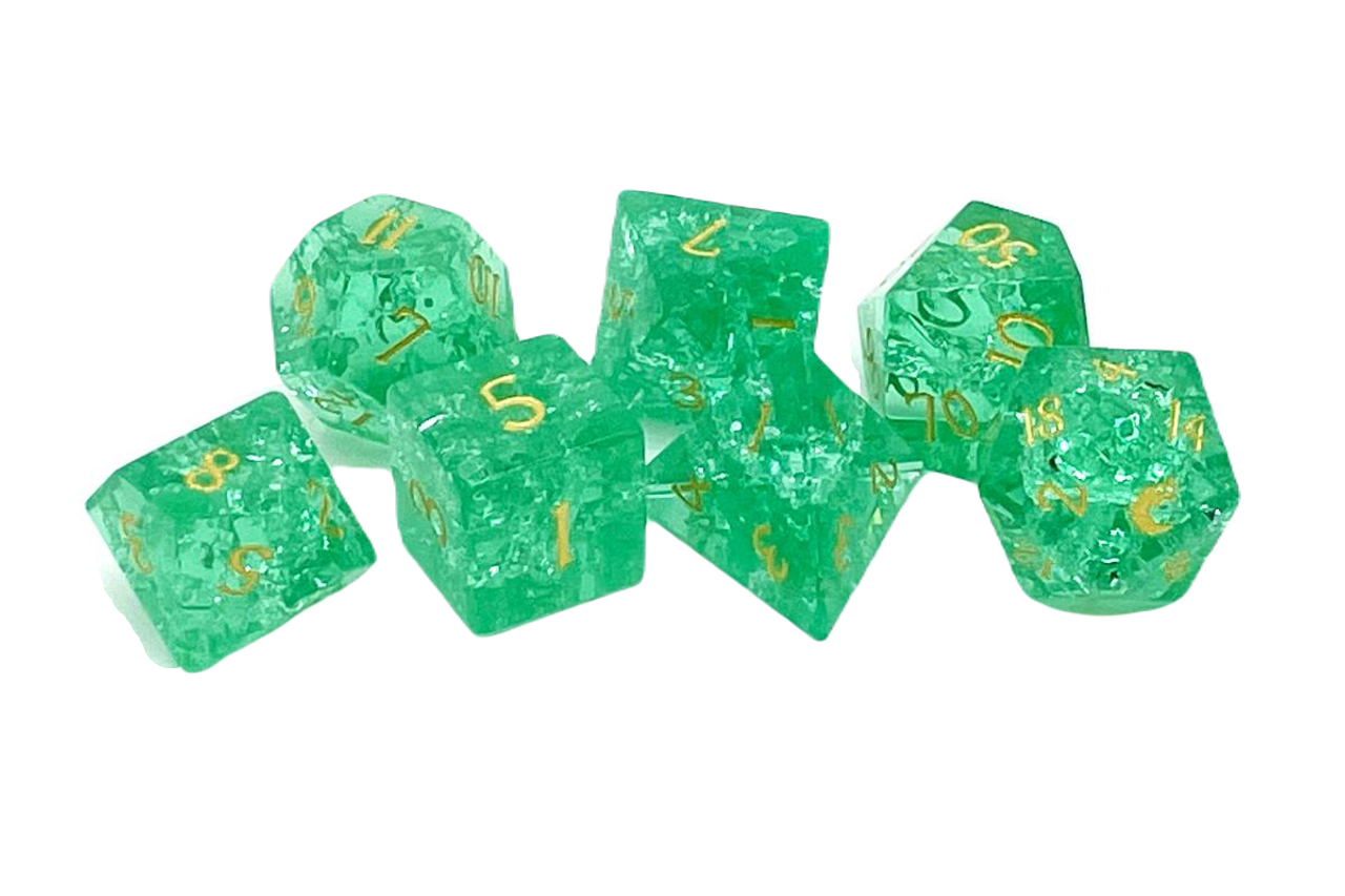 Old School Dice: Gemstone 7-Piece Set - Blast Glass - Tourmaline w/ Gold