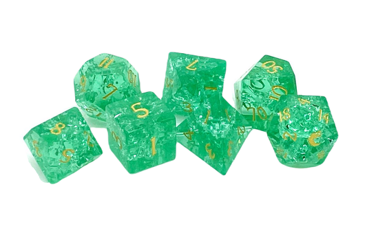 Old School Dice: Gemstone 7-Piece Set - Blast Glass - Tourmaline w/ Gold