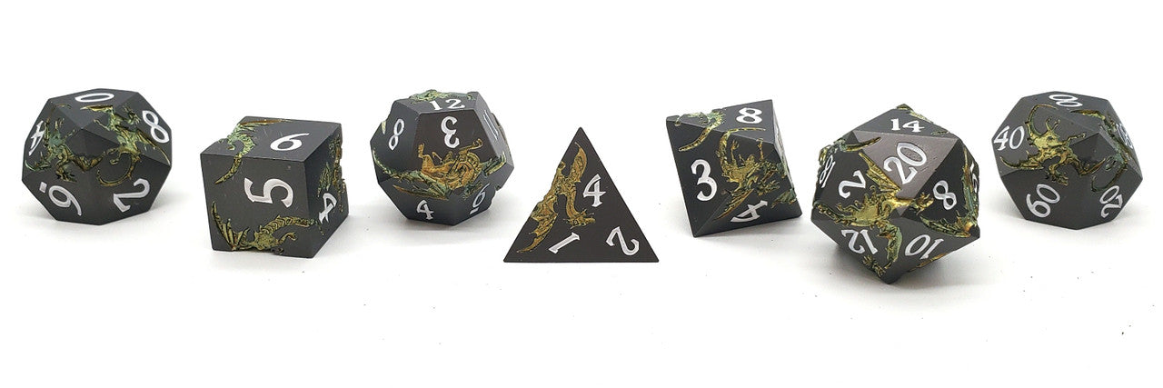 Old School 7 Piece DnD RPG Metal Dice Set: Soaring Dragon - Matte Black w/ Gold
