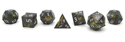 Old School 7 Piece DnD RPG Metal Dice Set: Soaring Dragon - Matte Black w/ Gold