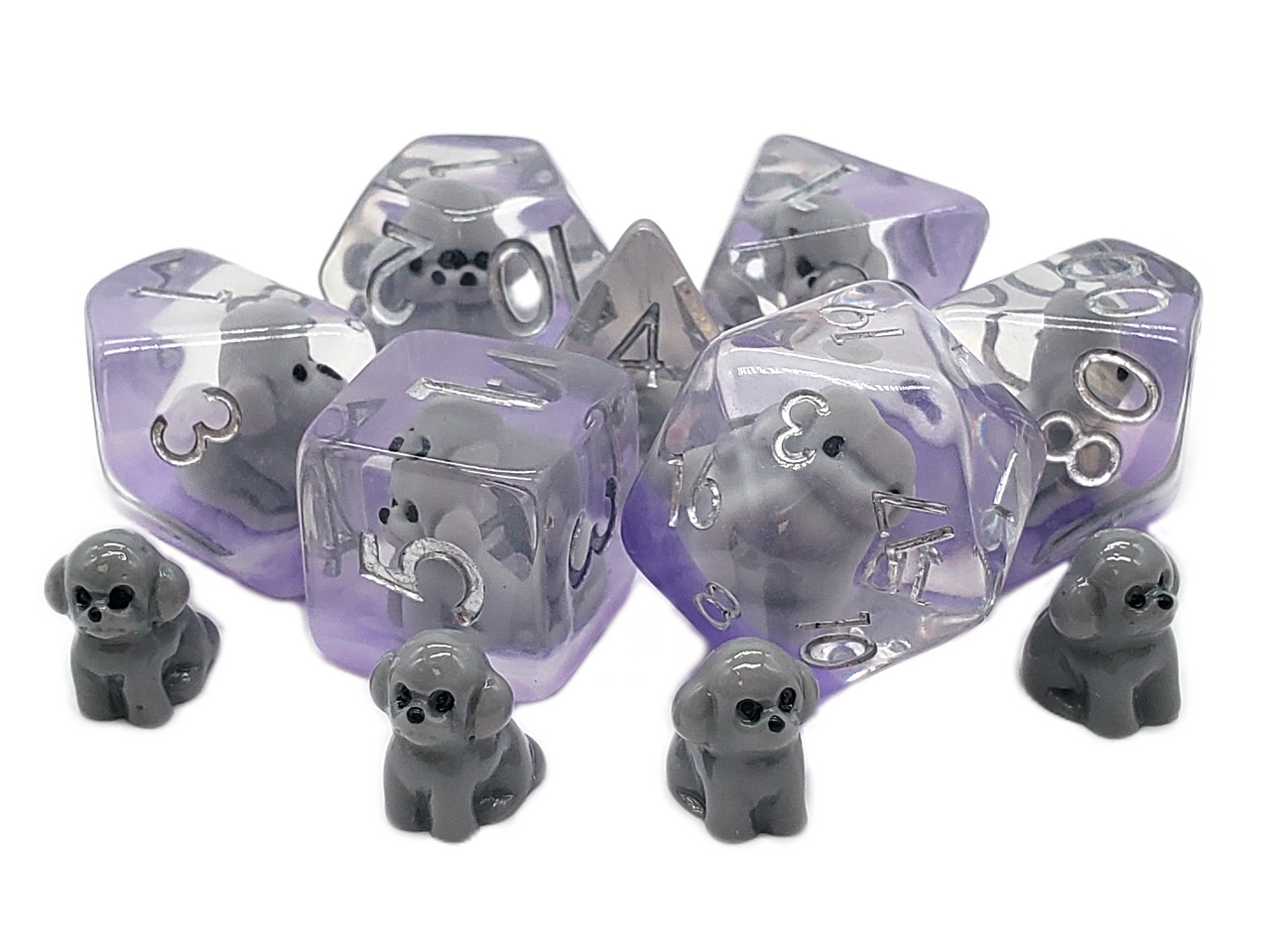 7 Piece DnD RPG Dice Set: Animal Kingdom - Puppy Dog - Grey