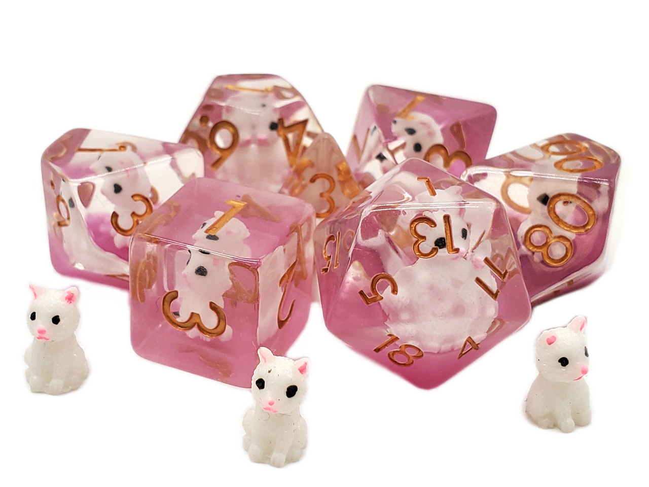 7 Piece DnD RPG Dice Set: Animal Kingdom - Cat - White w/ Pink