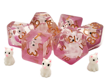 7 Piece DnD RPG Dice Set: Animal Kingdom - Cat - White w/ Pink