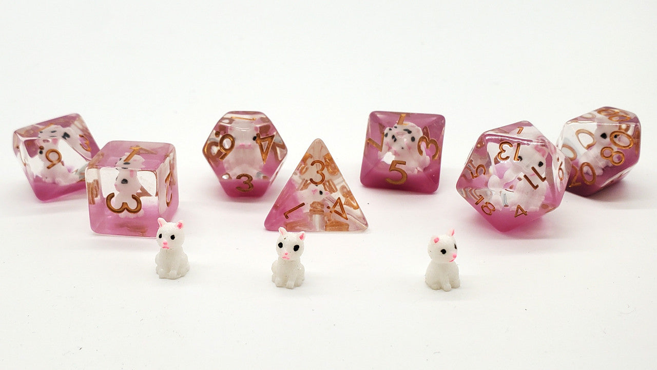 7 Piece DnD RPG Dice Set: Animal Kingdom - Cat - White w/ Pink