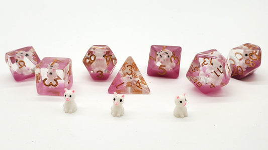7 Piece DnD RPG Dice Set: Animal Kingdom - Cat - White w/ Pink