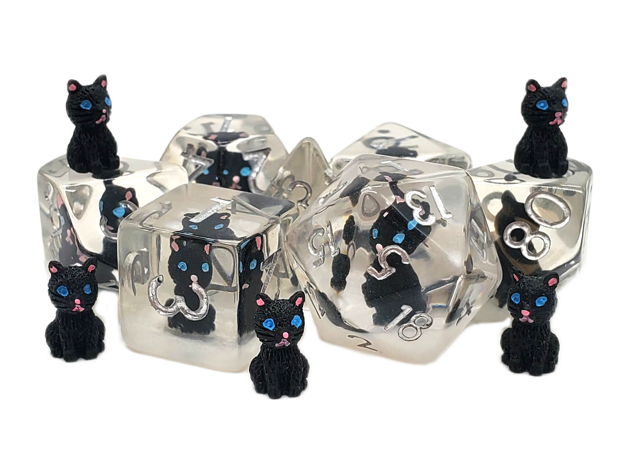 7 Piece DnD RPG Dice Set: Animal Kingdom - Cat - Black