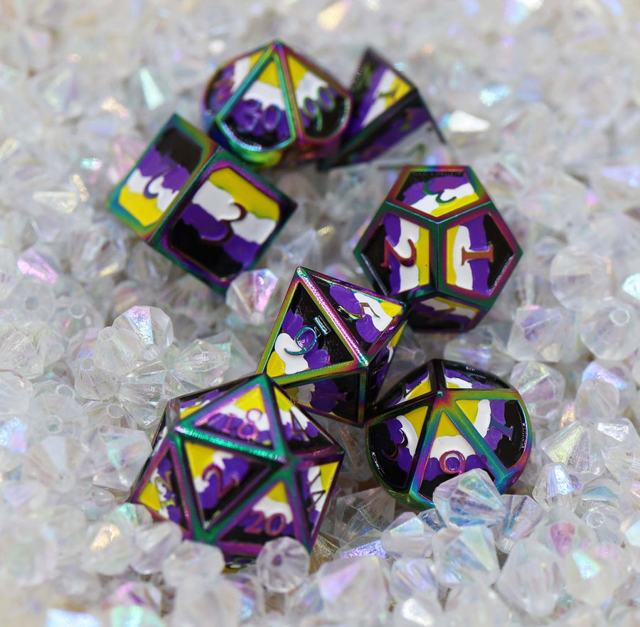 Foam Brain - Nonbinary Pride Flag Metal RPG Dice Set