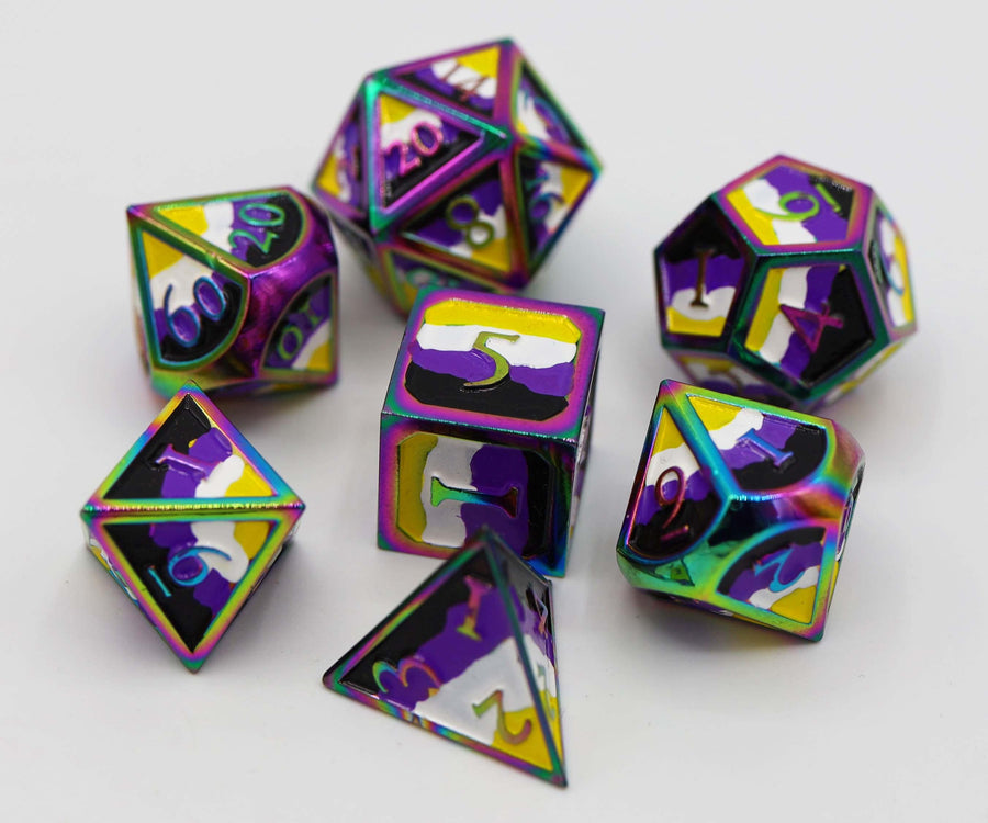 Foam Brain - Nonbinary Pride Flag Metal RPG Dice Set