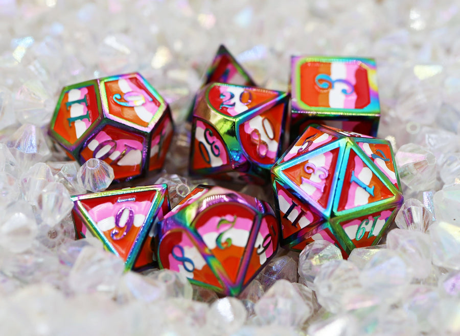 Foam Brain - Lesbian Pride Flag Metal RPG Dice Set