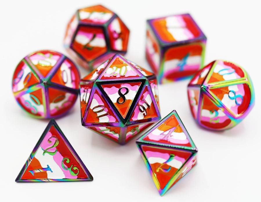 Foam Brain - Lesbian Pride Flag Metal RPG Dice Set