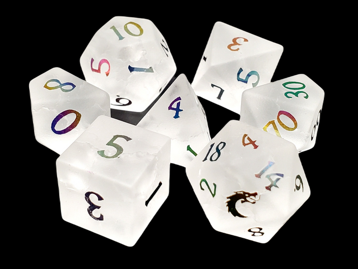 Old School Dice: Gemstone 7-Piece Set - Frosted Blast Glass - Moonstone w/ Spectral