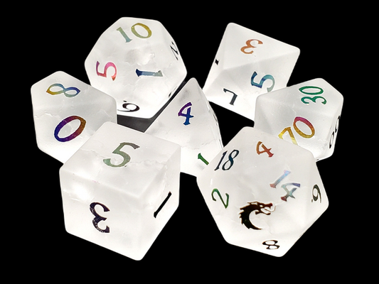 Old School Dice: Gemstone 7-Piece Set - Frosted Blast Glass - Moonstone w/ Spectral