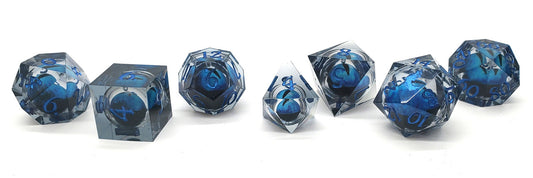 Old School Dice: Sharp Edged 7-Piece Dice Set - Liquid Infused - Serpent's Eye - Black w/ Blue Eye