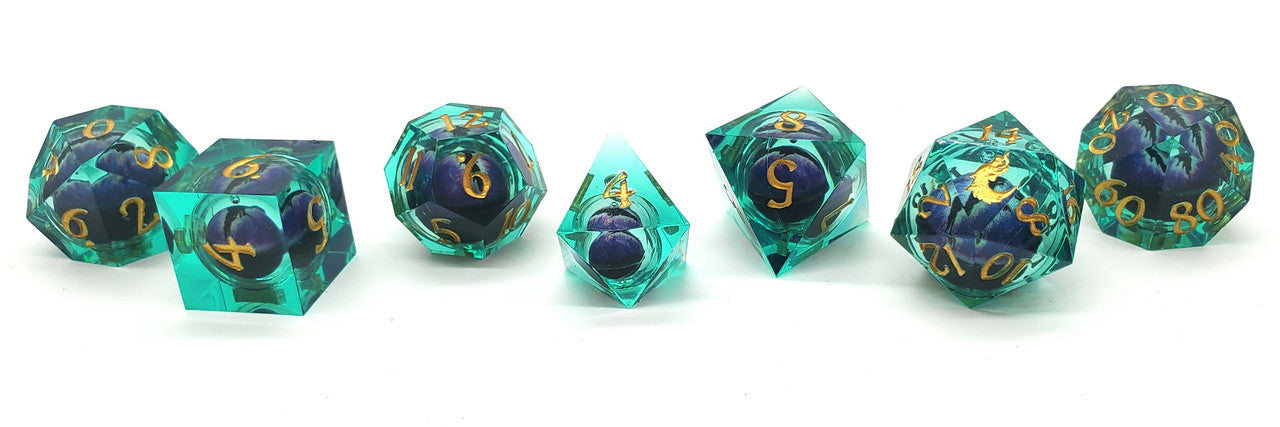 Old School Dice: Sharp Edged 7-Piece Dice Set - Liquid Infused - Serpent's Eye - Green w/ Purple Eye