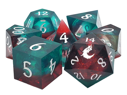 Old School Dice: Sharp Edged 7-Piece Dice Set - Liquid Infused - Christmas Fury