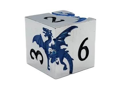 Old School 7 Piece DnD RPG Metal Dice Set: Soaring Dragon - Silver w/ Blue
