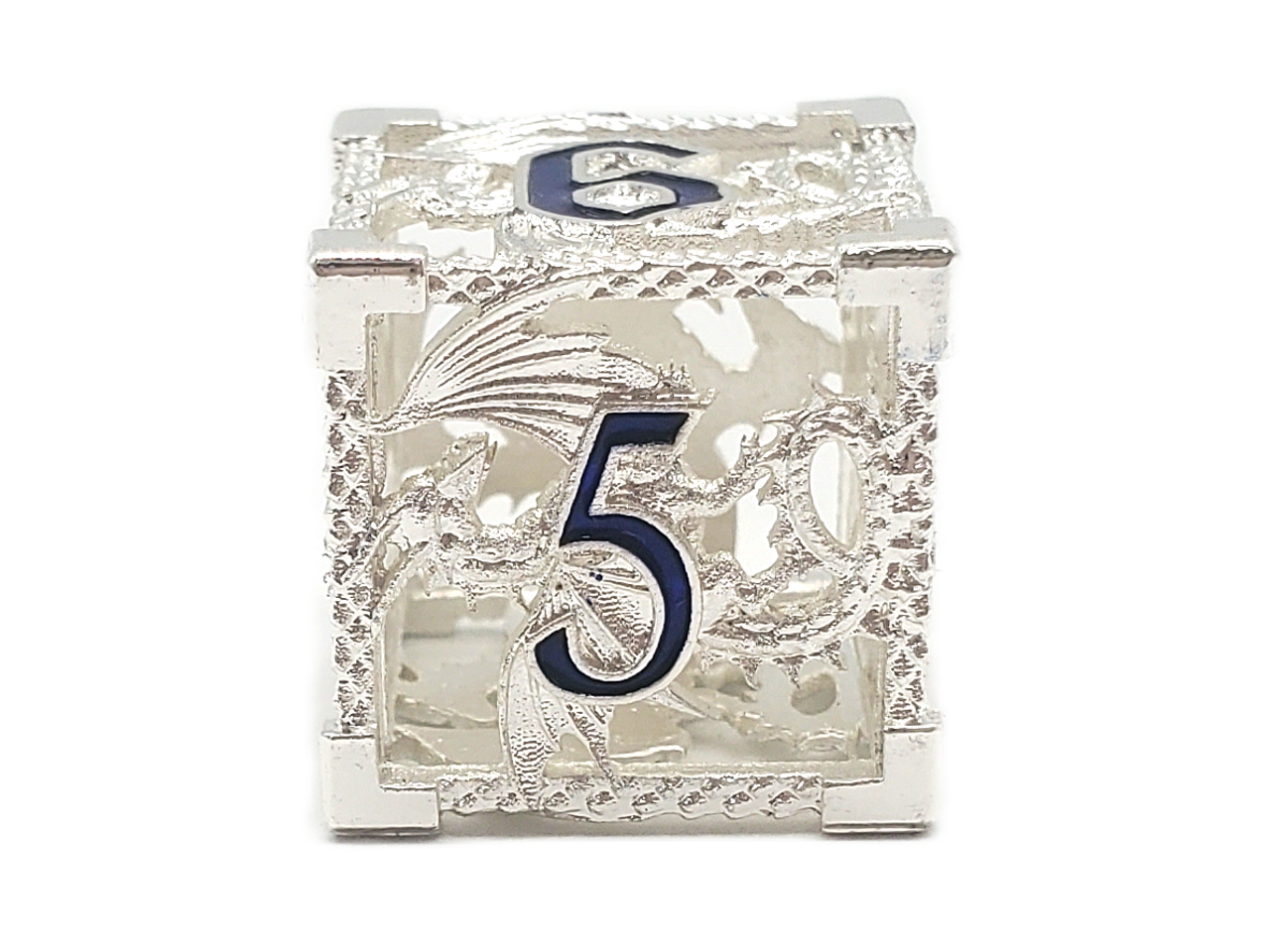 Old School Dice: Hollow Metal 7-Piece Set - Dragon - Silver w/ Blue