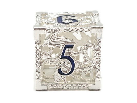 Old School Dice: Hollow Metal 7-Piece Set - Dragon - Silver w/ Blue