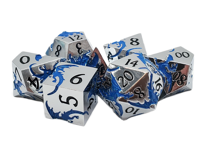 Old School 7 Piece DnD RPG Metal Dice Set: Soaring Dragon - Silver w/ Blue