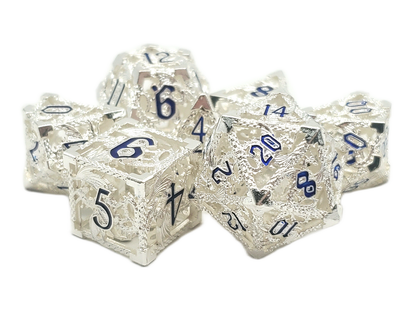 Old School Dice: Hollow Metal 7-Piece Set - Dragon - Silver w/ Blue