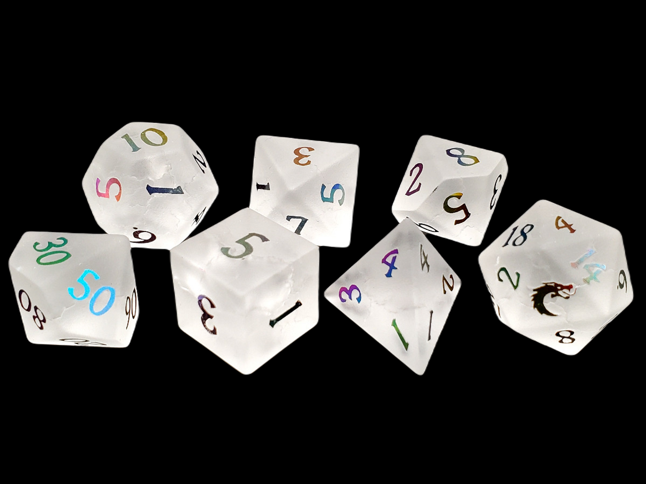 Old School Dice: Gemstone 7-Piece Set - Frosted Blast Glass - Moonstone w/ Spectral