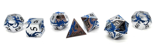 Old School 7 Piece DnD RPG Metal Dice Set: Soaring Dragon - Silver w/ Blue