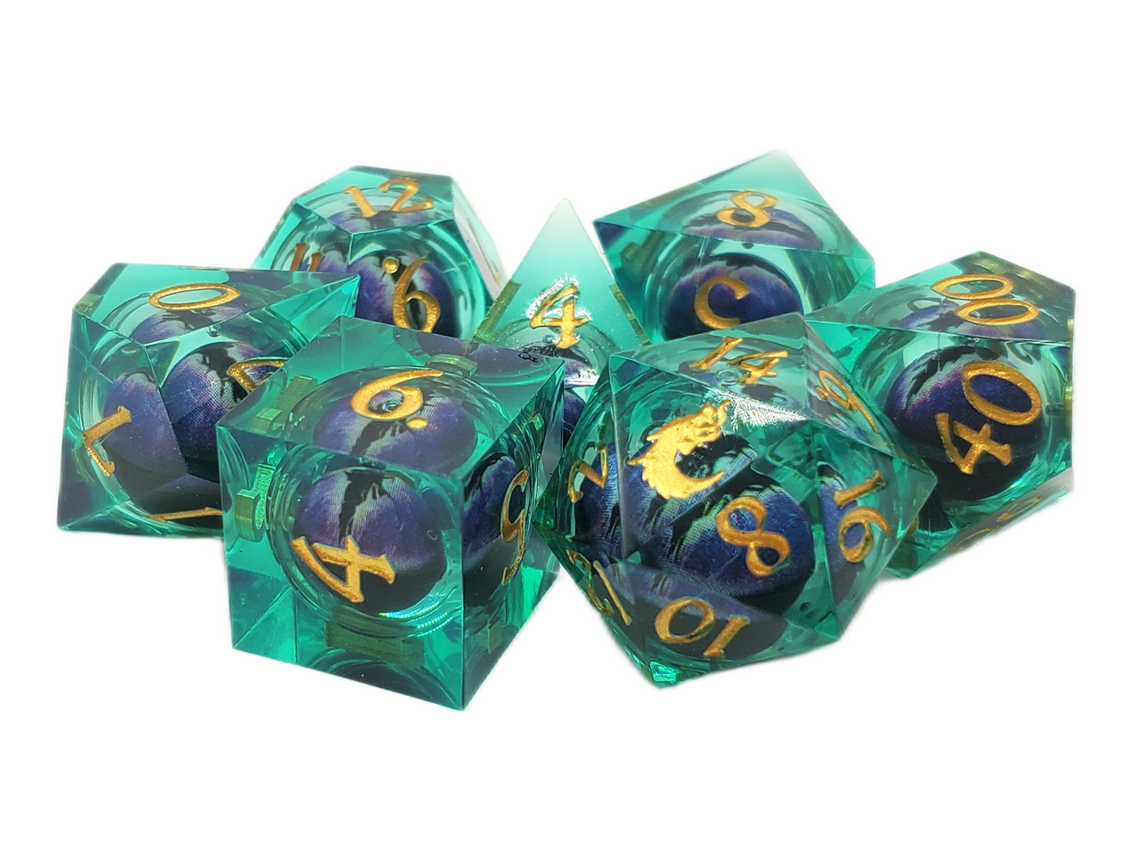 Old School Dice: Sharp Edged 7-Piece Dice Set - Liquid Infused - Serpent's Eye - Green w/ Purple Eye