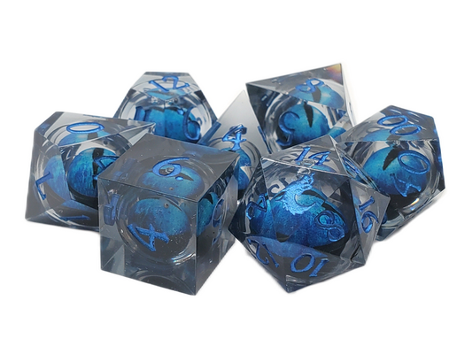 Old School Dice: Sharp Edged 7-Piece Dice Set - Liquid Infused - Serpent's Eye - Black w/ Blue Eye