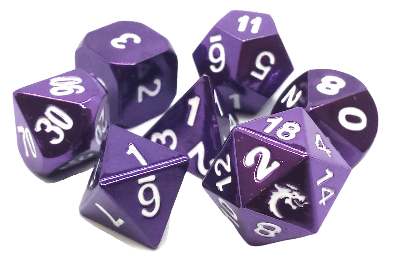 Old School 7 Piece DnD RPG Metal Dice Set: Halfling Forged - Electric Purple