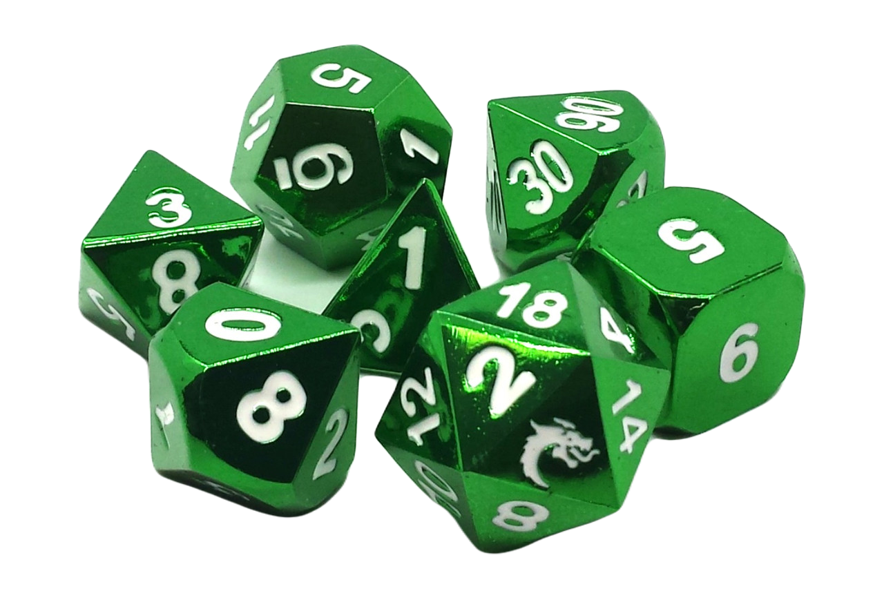 Old School 7 Piece DnD RPG Metal Dice Set: Halfling Forged - Electric Green