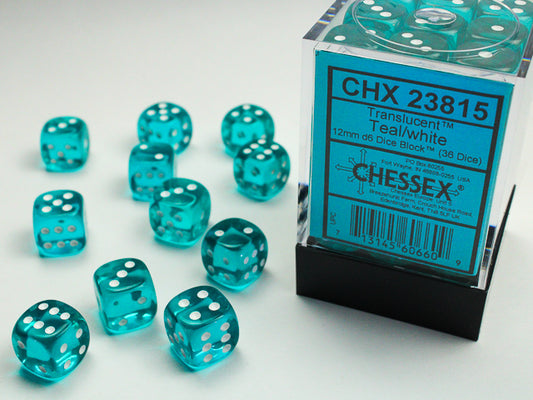 Chessex - Translucent Teal/White 12mm d6 Dice Block (36 Dice)