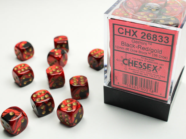 Chessex - Gemini Black - Red/Gold 12mm d6 Dice Block (36 Dice)