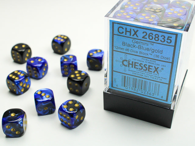 Chessex - Gemini Black - Blue/Gold 12mm d6 Dice Block (36 Dice)