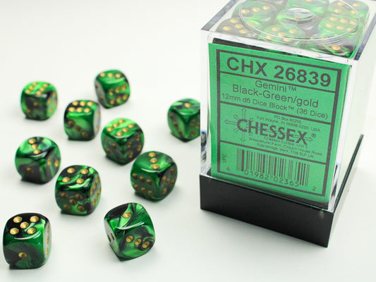 Chessex - Gemini Black -Green/Gold 12mm d6 Dice Block (36 Dice)