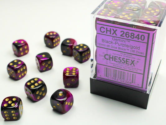 Chessex - Gemini Black - Purple/Gold 12mm d6 Dice Block (36 Dice)