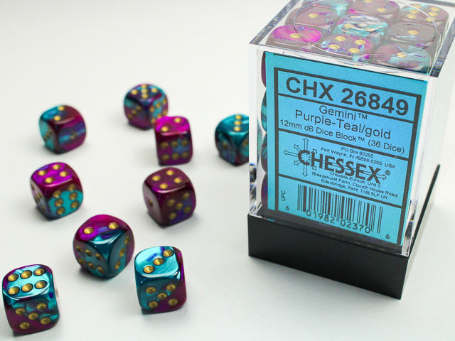 Chessex - Gemini Purple - Teal/Gold 12mm d6 Dice Block (36 Dice)