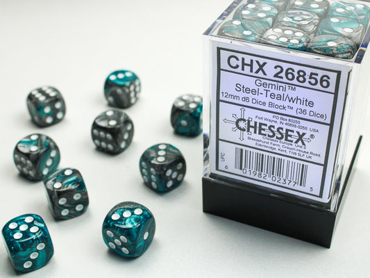 Chessex - Gemini Steel - Teal/White 12mm d6 Dice Block (36 Dice)