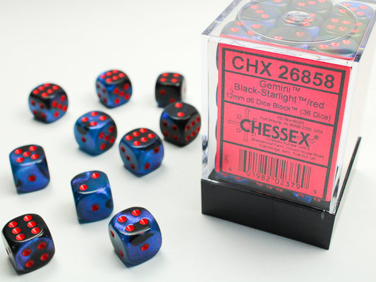 Chessex - Gemini Black - Starlight/Red 12mm d6 Dice Block (36 Dice)