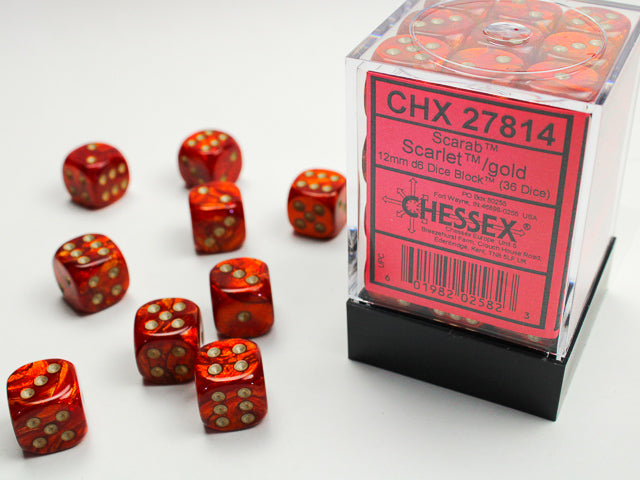 Chessex - Scarab Scarlet/Gold 12mm d6 Dice Block (36 Dice)