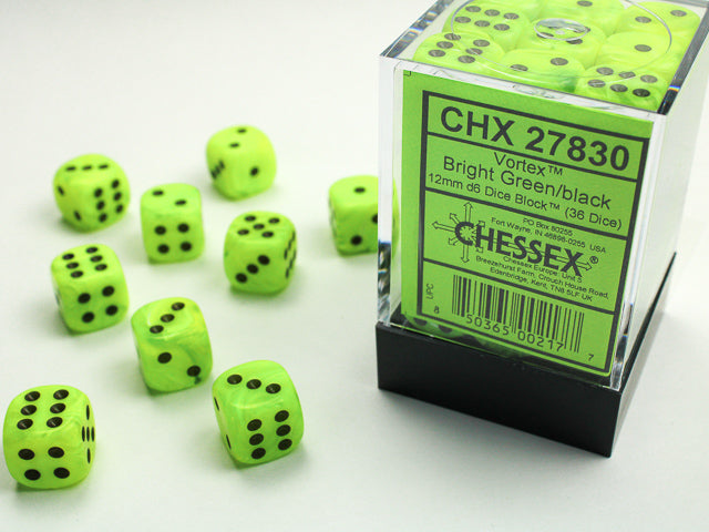 Chessex - Vortex Bright Green/Black 12mm d6 Dice Block (36 Dice)