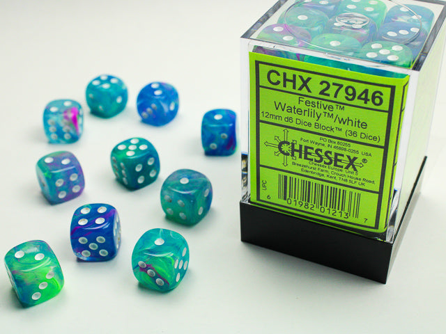 Chessex - Festive Waterlily/White 12mm d6 Dice Block (36 Dice)