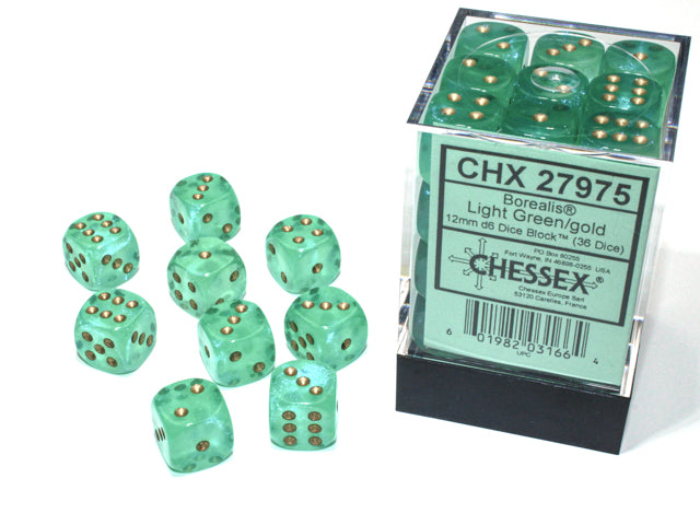 Chessex - Borealis Light Green/Gold 12mm d6 Dice Block (36 Dice)