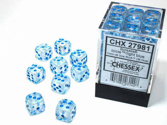 Chessex - Borealis Icicle/Light Blue 12mm d6 Dice Block (36 Dice)