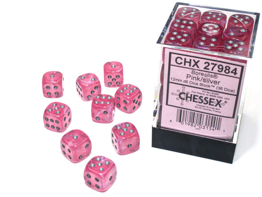 Chessex - Borealis Pink/Silver 12mm d6 Dice Block (36 Dice)