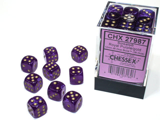 Chessex - Borealis Royal Purple/Gold 12mm d6 Dice Block (36 Dice)