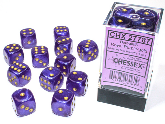 Chessex - Borealis® 16mm d6 Royal Purple/gold Luminary™ Dice Block™ (12 dice)